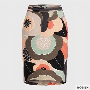 Boden Brown and Sage Green Floral Cotton Pencil Skirt Grosgrain Waist Size 4R